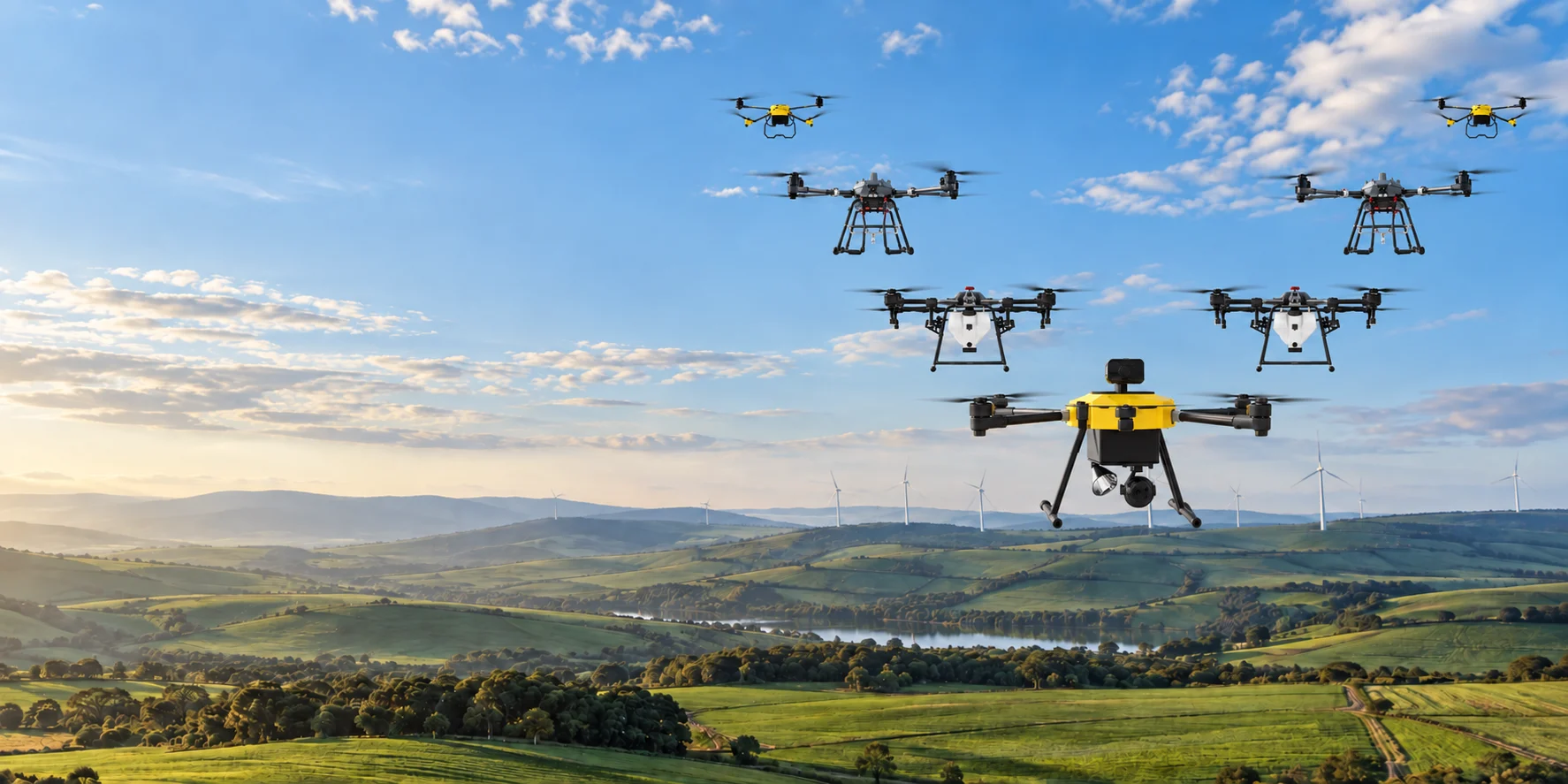 Ilustração de sete drones da linha DGL voando em formação em V sobre campos e turbinas eólicas