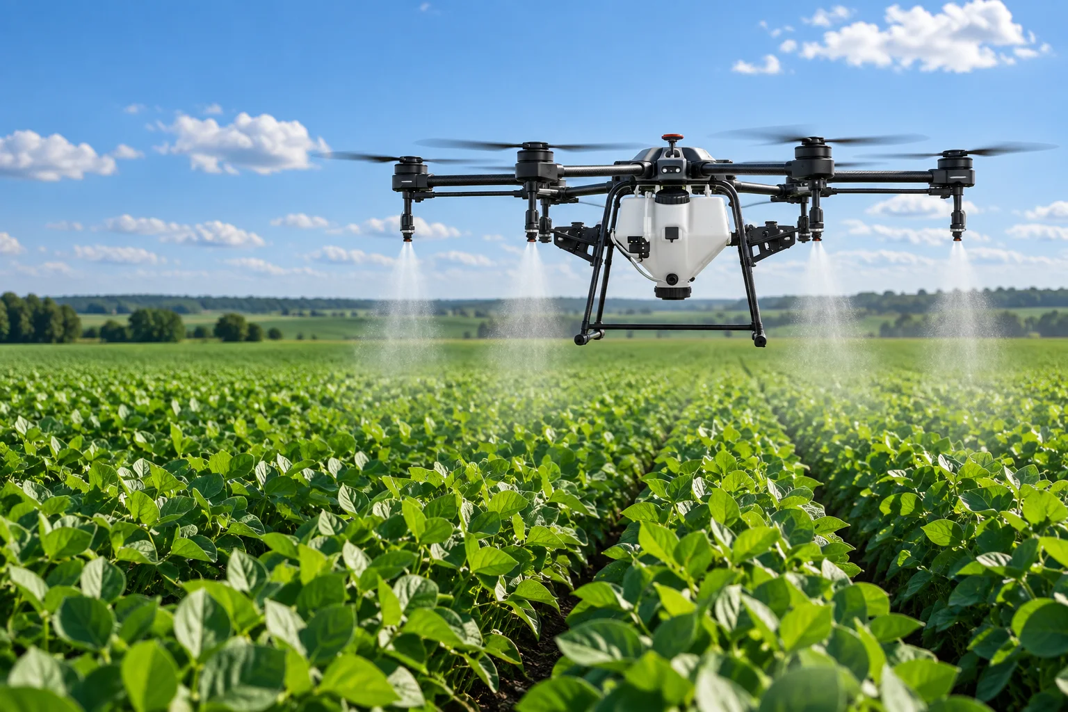 Ilustração de drone pulverizando fileiras de uma lavoura de soja