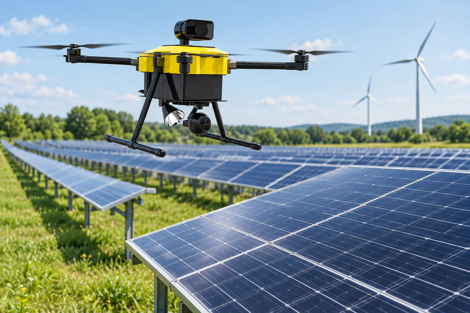 Ilustração de drone com câmera inspecionando uma usina solar, com turbinas eólicas ao fundo