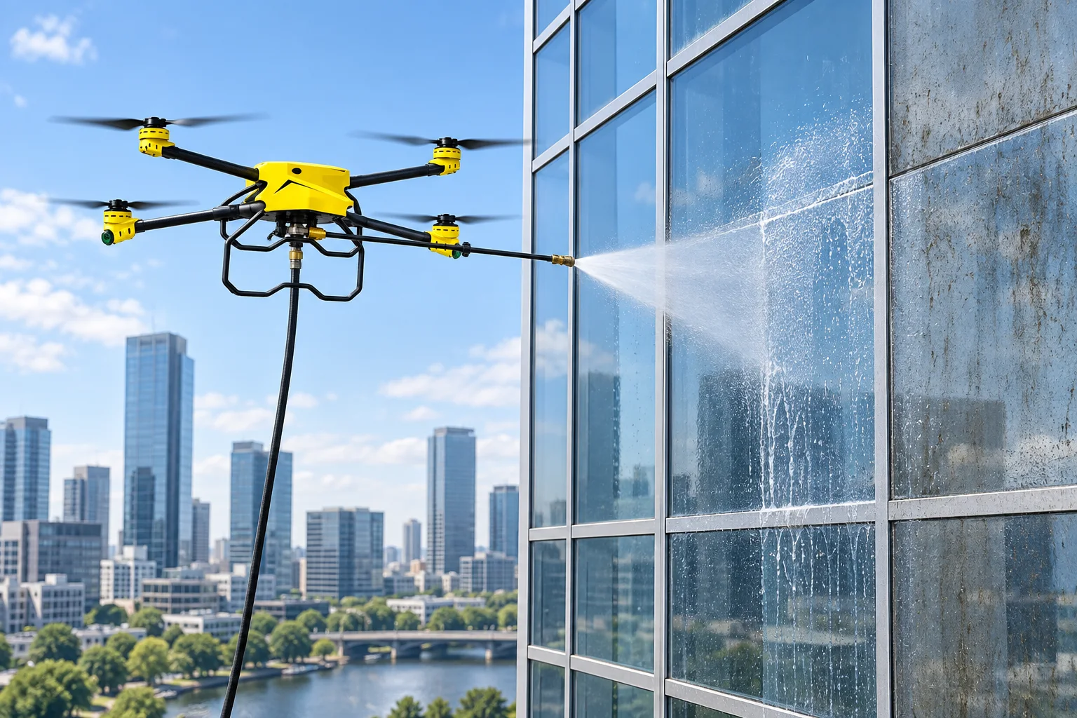 Ilustração de drone com mangueira e lança de água limpando a fachada de vidro de um edifício