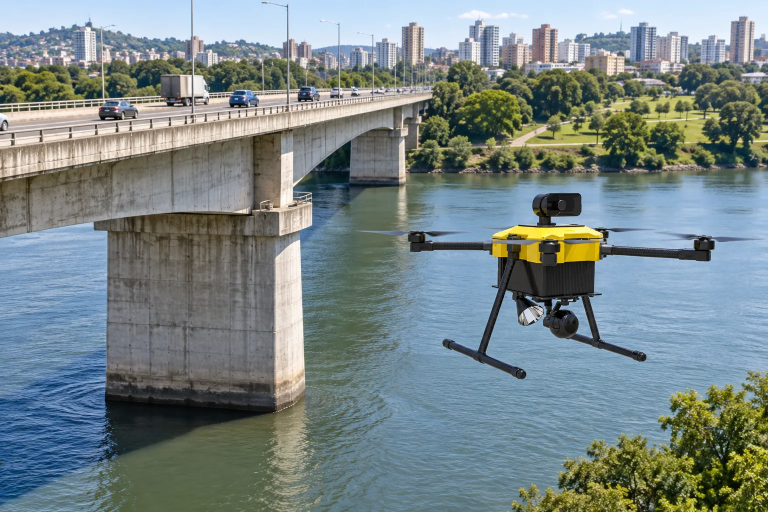 Ilustração de drone inspecionando os pilares de uma ponte sobre um rio em área urbana