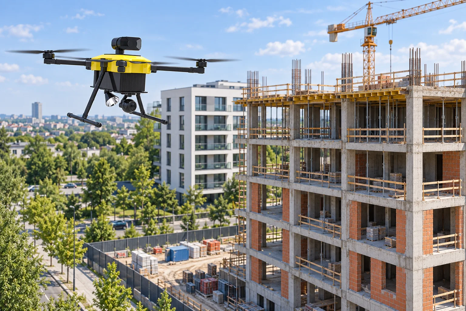 Ilustração de drone registrando a estrutura e o avanço de um edifício em construção