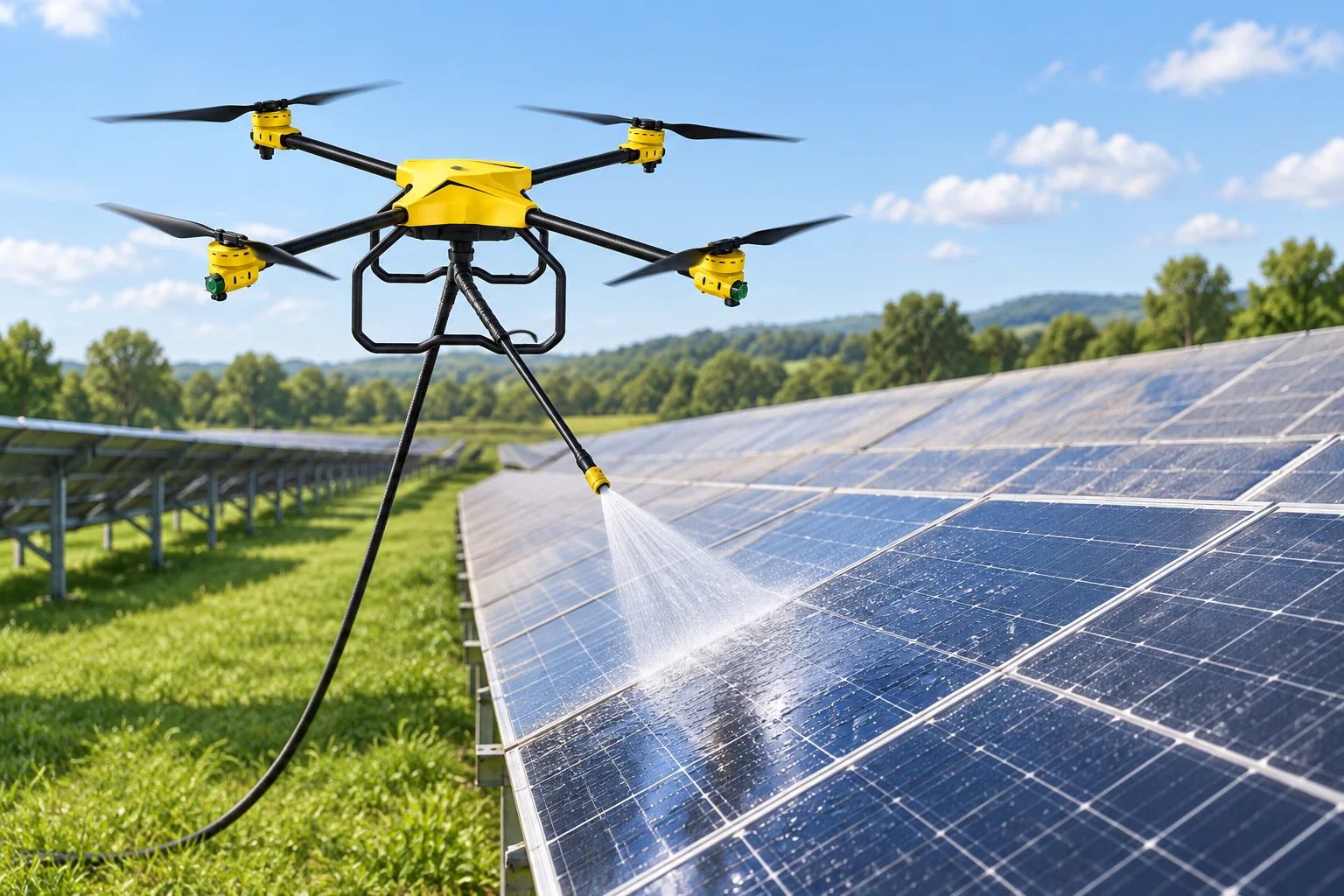 Ilustração de drone aplicando água de forma direcionada para limpar módulos de uma usina solar